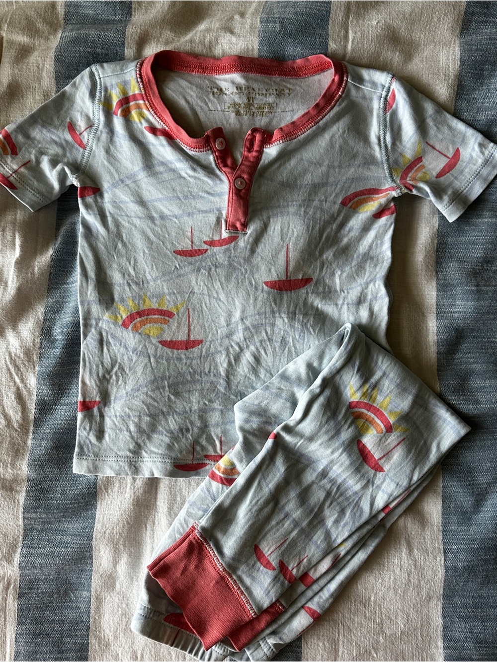 The Beaufort Bonnet Company Light Blue Sunrise & Sail Pajama Set with Coral Trim
